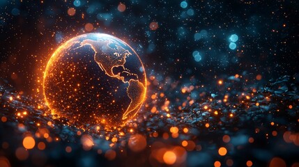 Wall Mural - a futuristic image of a purple earth enveloped in a web of digital lines and network connections, re