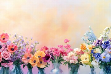 Poster - Beautiful arrangement of colorful flowers in glass vases against a soft pastel background in a serene setting. Generative AI