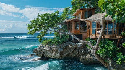 Wall Mural - A wooden house built on a cliff overlooking the ocean. AI.