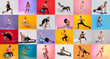 © Prostock-studio - A vibrant collection of individuals engaged in various fitness activities, highlighting strength, flexibility, and motivation. The colorful backgrounds enhance the dynamic workout atmosphere.