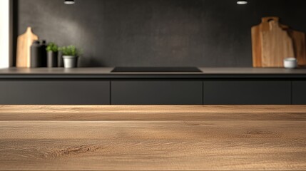 Aufkleber - Wooden table providing space for products and blurred modern kitchen in the background composing a perfect scene for food and cooking related advertisement