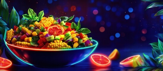 Wall Mural - Vibrant assortment of a variety of colorful tropical fruits and vegetables including oranges mangoes pineapple corn peppers and leafy greens arranged in a dark bowl on a moody