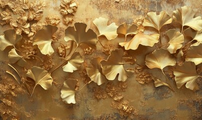 A three-dimensional depiction of golden leaves and ginkgo biloba set against a backdrop of brown paint.