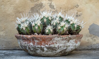 Wall Mural - A cactus with white spines growing in a weathered terra cotta pot.