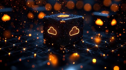 A visual representation of a cloud computing network featuring glowing nodes and connections on a dark blue grid backdrop