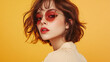 © Infinity Lens - Side view portrait of confident stylish cool young woman with brunette hair, wearing sunglasses, copy space. casual urban fashion and style elegance, trendy attractive female chic model posing.