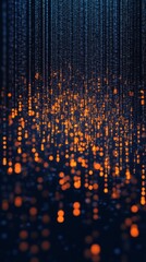 An artistic representation of a binary code stream with ones and zeros cascading down in a stylized pattern, illuminated in orange against a deep blue