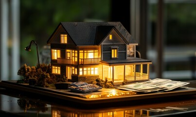 A model of a house, money and a calculator on the desk. concept of mortgages, investments, real estate, real estate developers and new homes