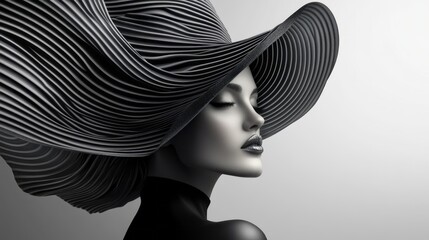 Futuristic design of an extravagant black hat on the head of an elegant woman. White background. 2