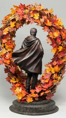 Wall Mural - A sculpture of a cloaked figure surrounded by vibrant autumn leaves in a swirl of colors like orange, red, and yellow, emphasizing the theme of season