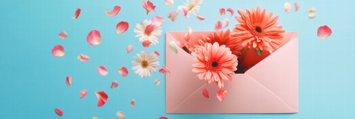 Poster - Beautiful bouquet of flowers and petals emerging from an envelope on a bright blue background. Generative AI