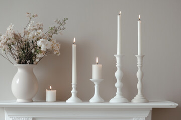 Wall Mural - A set of white candles placed in minimalistic holders on a mantlepiece