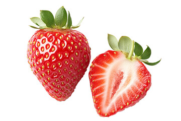 Wall Mural - A fresh and juicy strawberry with green leaves isolated on white transparent background.