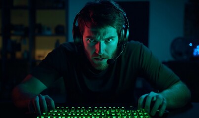 Cybersecurity expert in a dark room, green digital code reflecting on their face, determined expression, holding a keyboard and headset on desk,