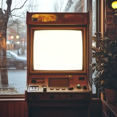 Old arcade machine with blank screen in cozy corner