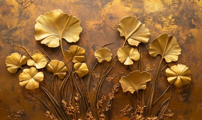 A three-dimensional depiction of golden leaves and ginkgo biloba set against a backdrop of brown paint.
