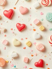 Aufkleber - Colorful assortment of heart shaped candies and sweets on a white background for a festive celebration. Generative AI