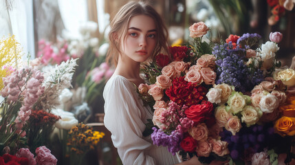 Wall Mural - A beautiful girl in a delicate dress holds a huge bouquet of sineri in her hands. Summer sunny mood. woman international day.  8 march.