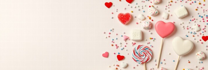 Aufkleber - Colorful assortment of heart shaped candies and lollipops arranged for a festive celebration or party in daylight. Generative AI
