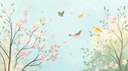 Poster - Hand drawn doodle of birds and flowers in a serene spring landscape with falling leaves. Generative AI