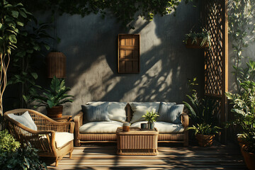 Wall Mural - A wooden patio with simple wicker furniture, soft cushions, and potted plants