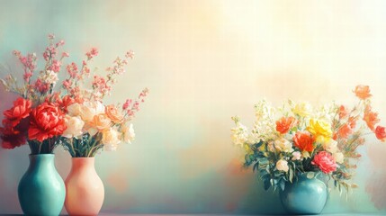 Poster - Colorful floral arrangements in vases brighten up a soft pastel background in a tranquil setting. Generative AI