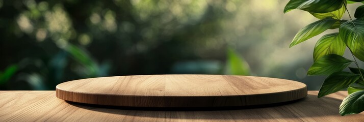 Fototapete - Empty round wooden tray is showcasing products on a wooden table, set against a backdrop of lush green foliage, creating a natural and inviting presentation