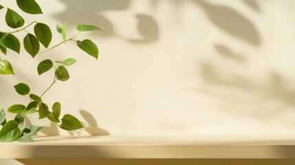 Poster - Minimalist interior design featuring an empty wooden shelf with plant branches casting shadows on a beige wall, creating a serene and natural atmosphere with copy space