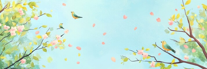 Poster - Hand drawn doodle featuring birds among blooming branches in a serene spring setting with a bright blue sky. Generative AI