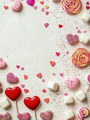 Leinwandbilder - Colorful heart shaped candies and sweets arranged on a light background for a festive celebration. Generative AI