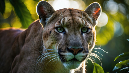Wall Mural - majestic big cat with fierce gaze resting amidst lush greenery in a serene environment