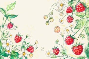 Poster - Hand drawn doodle of strawberries and flowers in a natural, vibrant garden setting with delicate details. Generative AI