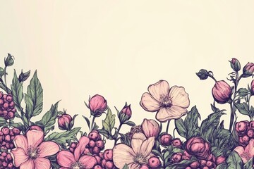 Poster - Delicate hand drawn floral doodle featuring various flowers and many buds on a soft background. Generative AI