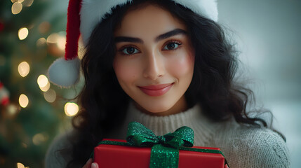 Wall Mural - Smiling woman with dark hair wearing a Santa hat holds a red gift box wrapped with green ribbon in front of a decorated Christmas tree during the holiday season in a cozy indoor setting