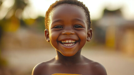 Portrait of black african child happy smiling boy in rural village, cheerful young kid with joyful face, happiness and beautiful childhood, celebrating ethnic culture laughter.