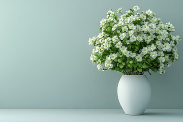 Wall Mural - White flowers in a simple white vase against a pale green wall