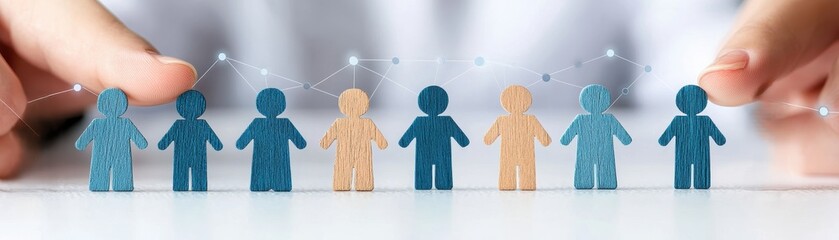 Wall Mural - Hands Holding Colorful Wooden Figures with Digital Connection, Symbolizing Teamwork and Networking Concepts