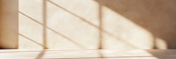 Aufkleber - Sunlight streaming through a window creates an abstract pattern of shadows on the wall and floor of an empty, beige room, offering a versatile backdrop for various design projects