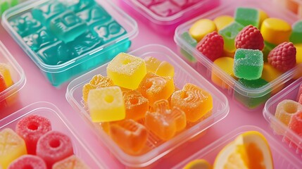 Close-up view of various types of sweet candies arranged neatly in plastic boxes, vivid and bright