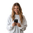 © Iftikhar alam - Young woman smiling while chatting on her smartphone in a casual setting wearing a comfortable sweater, Young woman chatting with her smartphone PNG file no background