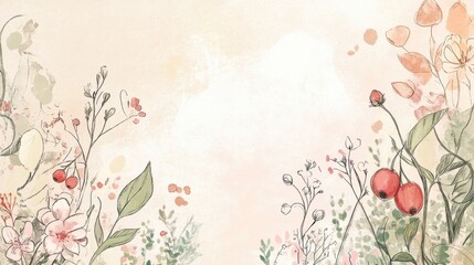 Aufkleber - Hand drawn floral doodle featuring various flowers and berries on a soft pastel background. Generative AI