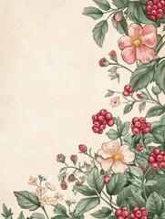Aufkleber - Hand drawn doodle featuring vibrant flowers and berries intertwined with green leaves on a textured background. Generative AI