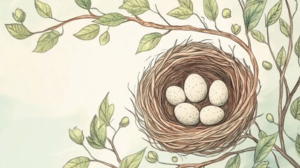 Poster - Hand drawn doodle of a nest with speckled eggs resting on a branch surrounded by green leaves in a serene setting. Generative AI