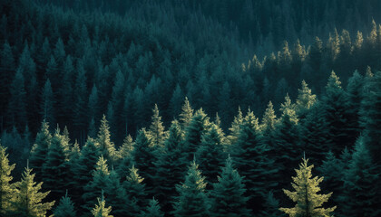  Layers of evergreen trees under dim twilight in a mountainous region