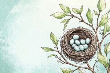 Poster - Hand drawn doodle of a birds nest with blue eggs resting on a branch surrounded by leaves against a soft background. Generative AI