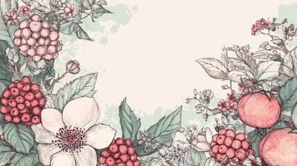 Aufkleber - Hand drawn floral doodle featuring various berries and blossoms in soft pastel colors with intricate details and leaves. Generative AI