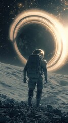 Wall Mural - Astronaut Walking on Moon Surface with Glowing Ring Around Planet in Distant Universe, Surreal Cosmic Landscape and Dreamlike Atmosphere Captured in Stunning Detail