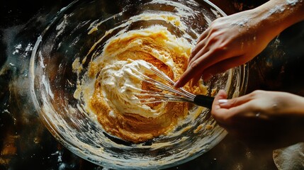 Poster - Hands whisking pancake batter in a clear glass bowl while preparing a delicious breakfast. Generative AI