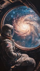 Wall Mural - Astronaut Gazing at Majestic Spiral Galaxy from Spacecraft Window, Captivating View of Cosmic Beauty, Awe-inspiring Universe Exploration, Dreamy Interstellar Landscape