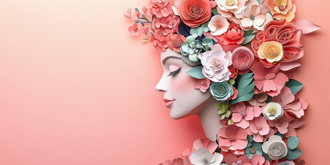 Side profile of a serene woman with floral paper decorations in pink and pastel tones, on a soft peach gradient background.